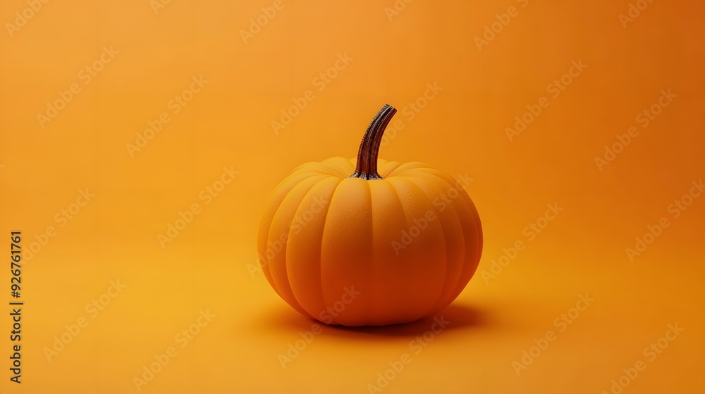 A single, ripe pumpkin sits on a bright orange background. A single, ripe pumpkin sits on a bright orange background.
