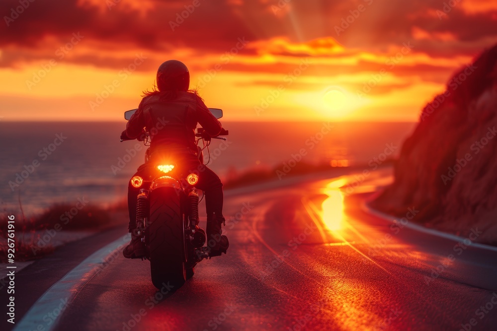 Motorcyclist riding along coastal road with stunning sunset reflecting on wet pavement Motorcyclist riding along coastal road with stunning sunset reflecting on wet pavement