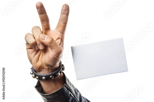 flyer, isolated on white backgroundRock and Roll hand holding a blank card or a ticket photo