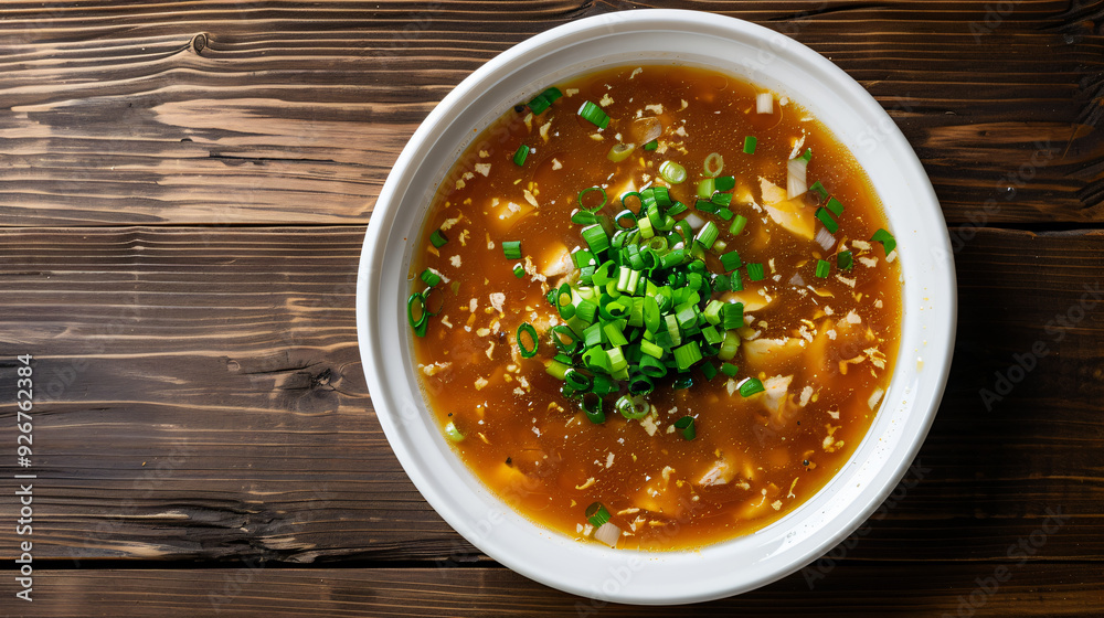 Comforting bowl of hot and sour soup is being seasoned with fresh chopped scallions on a rustic wooden table Comforting bowl of hot and sour soup is being seasoned with fresh chopped scallions on a rustic wooden table