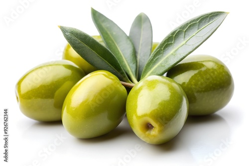 Green olives with leaves, isolated on white background