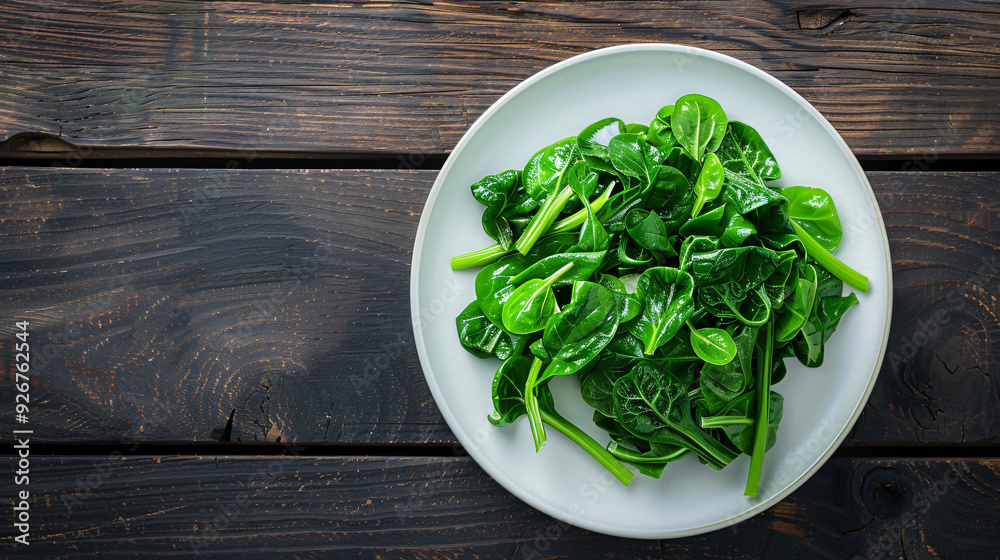 Spinach leaves arranged on a rustic wooden table, promoting a healthy and natural lifestyle Spinach leaves arranged on a rustic wooden table, promoting a healthy and natural lifestyle