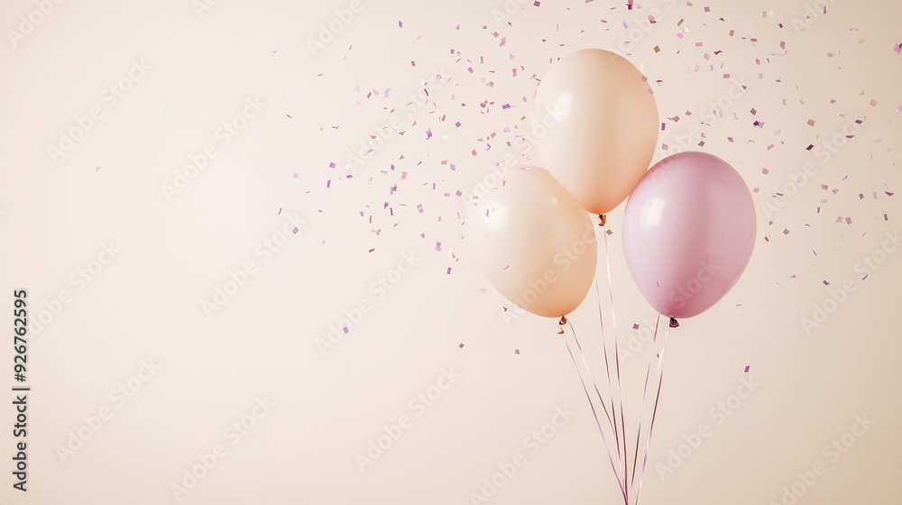 Three Balloons and Confetti on a Beige Background Three Balloons and Confetti on a Beige Background