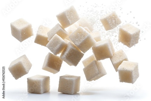 Flying sugar cubes, isolated on white background