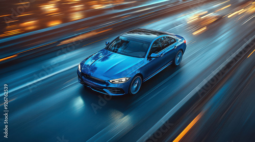 Sleek blue business car driving fast on wet highway road at night, with blurred city lights reflecting on the road, emphasizing speed and modern urban lifestyle.