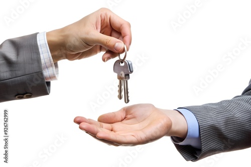 Hands of two people, giving and taking keys, isolated on white background