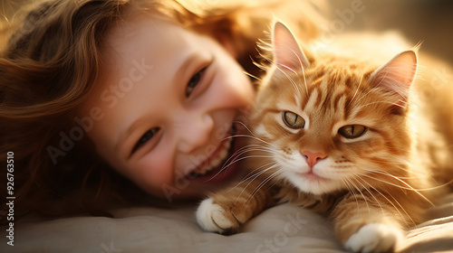 image of The happy sight of a cat and a smiling girl