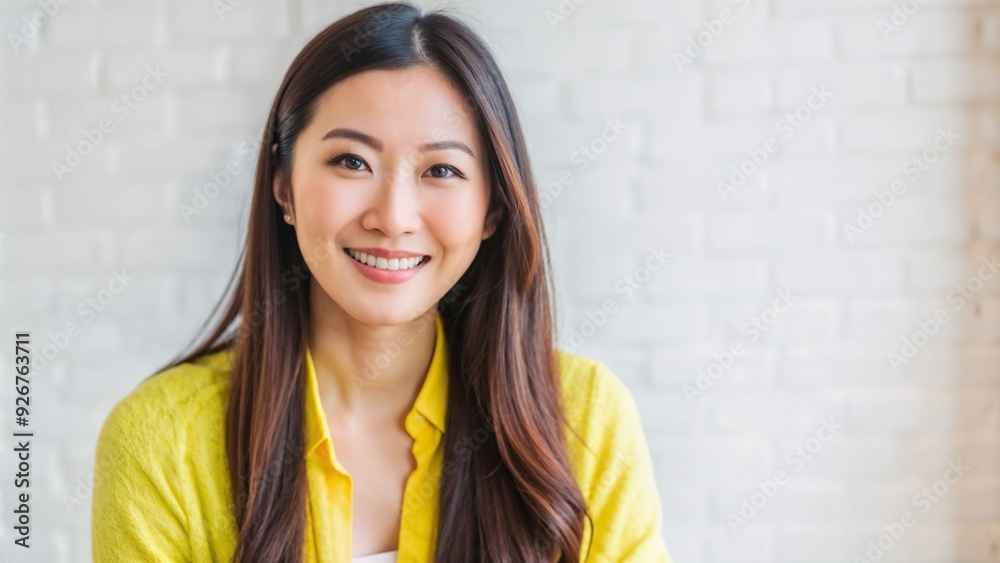 Happy Asian woman in yellow sweater sitting in bright modern room