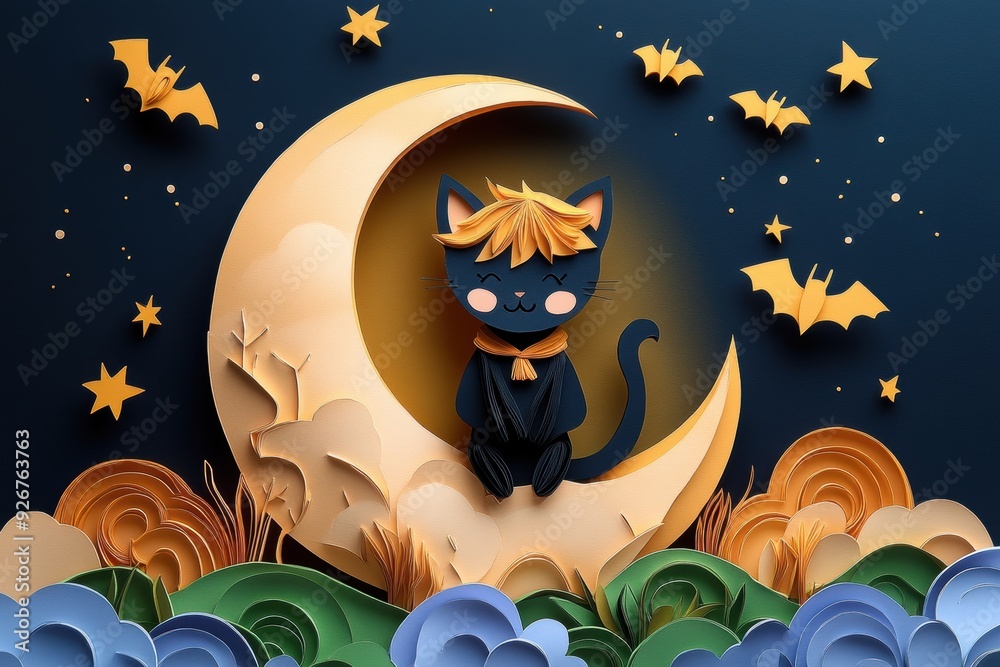 Fototapeta premium Halloween Paper Cut Art of Black Cat on Crescent Moon with Stars and Bats