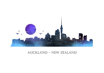 Fotobehang Aquarelschilderij wolkenkrabber  Auckland skyline in blauwe aquarel  © shelly