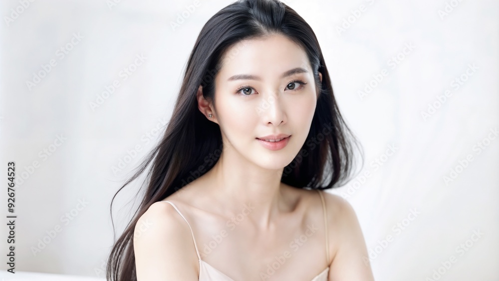 Natural beauty portrait of a calm Asian woman with long hair on light background Natural beauty portrait of a calm Asian woman with long hair on light background