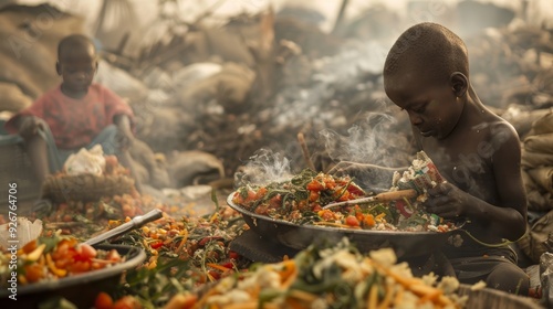 Contrast of uneaten food in dump and starving african children  visualizing hunger disparity photo