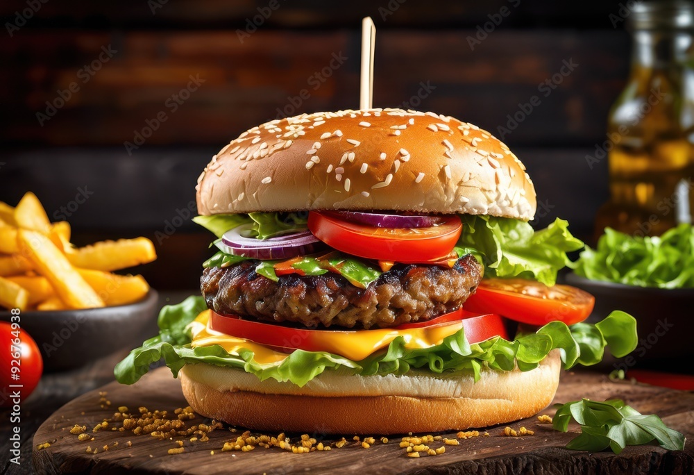 colorful appetizing burger fries display featuring vibrant captivating mouth watering details enticing visual experience, arrangement, colors, delicious