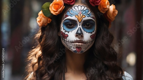 Portrait of woman with traditional la muerte makeup . Mexican festival Dia de los Muertos. Halloween