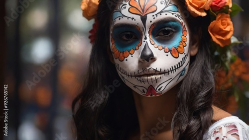 Portrait of woman with traditional la muerte makeup . Mexican festival Dia de los Muertos. Halloween