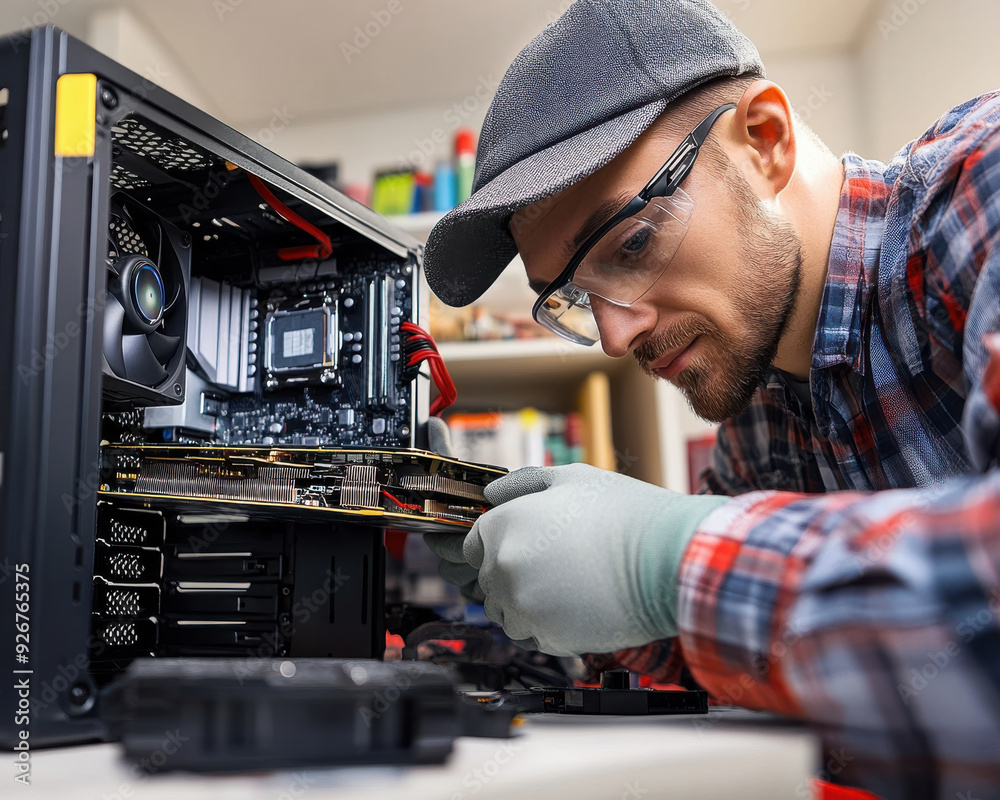 Professional IT worker repairing a pc carefully