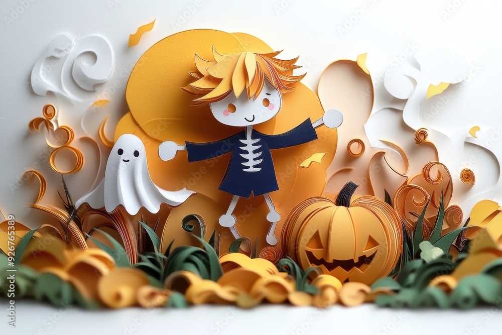 Fototapeta premium Paper Art Skeleton Dancing with Pumpkin and Ghost