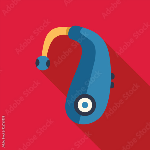 Blue and yellow hearing aid resting over a red background