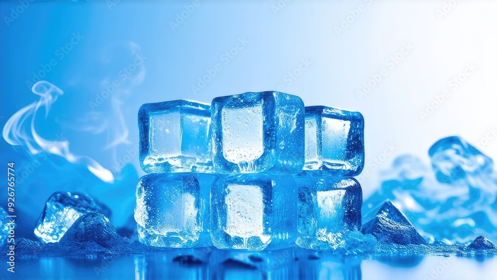 Ice cubes on a blurred blue background, steam around, Ice pyramid. Ice cubes on a blurred blue background, steam around, Ice pyramid.