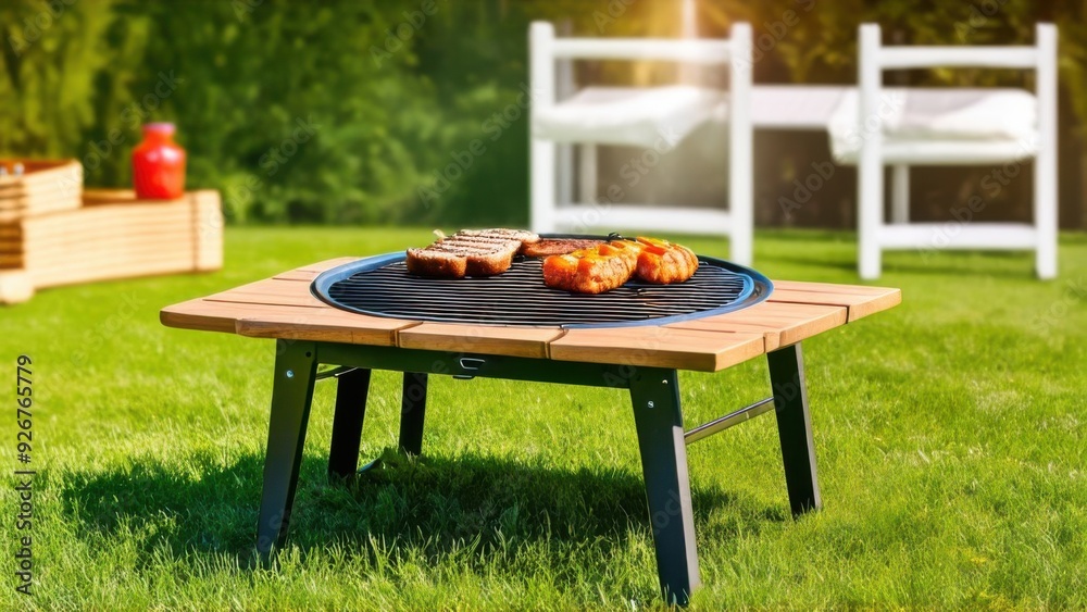 Obraz premium summer time party in backyard garden with grill BBQ, wooden table, blurred background