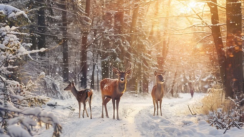 Family of noble deer in a snowy winter forest at sunset