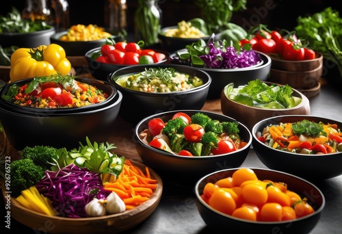 vibrant colorful meal offerings displayed eye catching containers variety fresh ingredients, arrangement, healthy, dishes, vegetables, fruits, salads