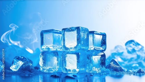 Ice cubes on a blurred blue background, steam around, Ice pyramid.