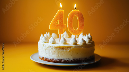 Fortieth birthday cake with white icing and lit candles in shape of 40 bright background