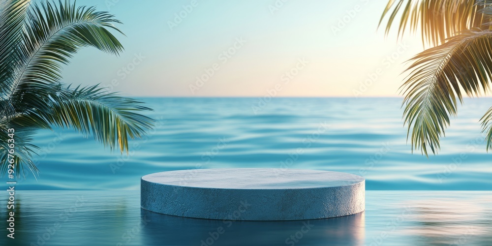 Obraz premium Minimalistic tropical scene with a circular platform surrounded by palm leaves on a serene blue background. Perfect for product displays and summer-themed designs