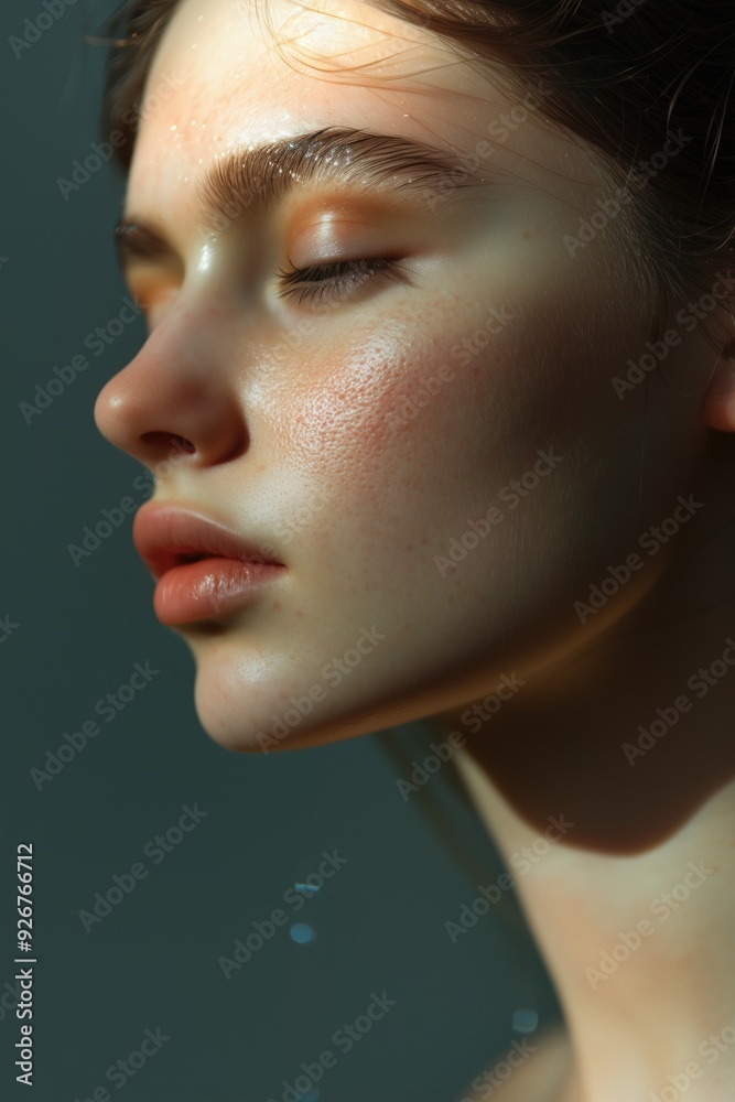 Freckled redhead girl's serene close-up portrait with soft neutral background and natural beauty