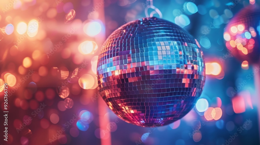 Fototapeta premium Realistic photo capturing vibrant disco ball party lights for lively and energetic celebrations