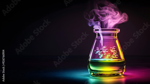 Colorful chemical reaction in a lab flask with smoke under vibrant neon lights, representing scientific experiments and discoveries.