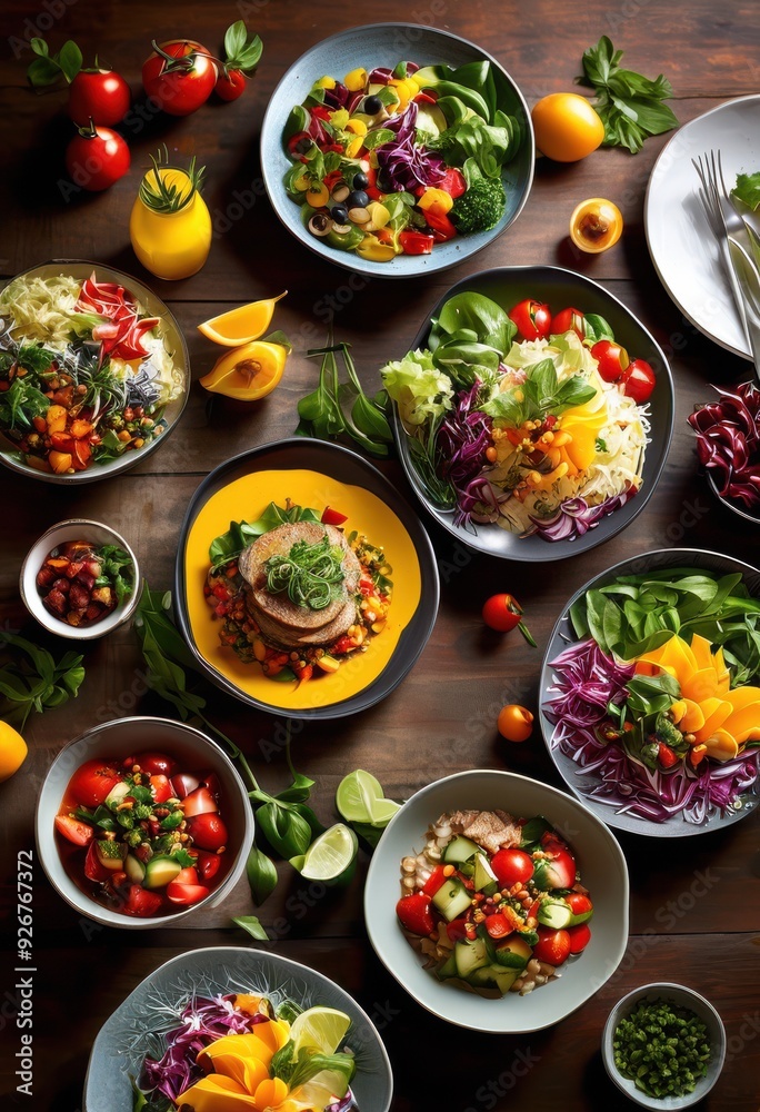 vibrant selection colorful quick service meals featuring fresh ingredients eye catching presentations, appetizing, bowls, catering, chef, condiments vibrant selection colorful quick service meals featuring fresh ingredients eye catching presentations, appetizing, bowls, catering, chef, condiments