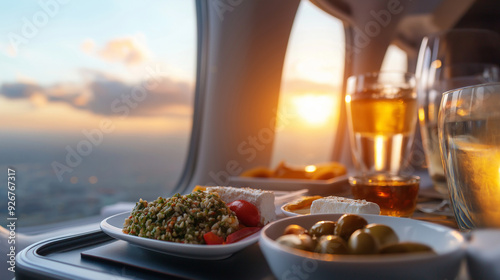 A tray featuring a Mediterranean-style in-flight meal with olives, feta cheese, and a side of tabbouleh, served on a tray table with a vibrant view of the sunset through the airpla photo