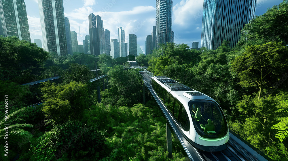 Naklejka premium A thriving urban area with eco-friendly skyscrapers, public parks, and green transportation options, all surrounded by lush vegetation