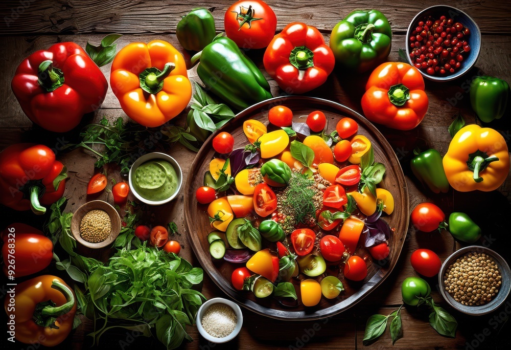 colorful plant based meal displayed rustic wooden table surrounded fresh ingredients natural light, vibrant, arrangement, healthy, dish, cuisine, organic colorful plant based meal displayed rustic wooden table surrounded fresh ingredients natural light, vibrant, arrangement, healthy, dish, cuisine, organic
