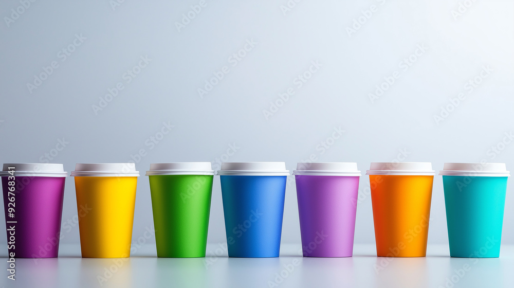 A group of disposable coffee cups in various bright colors, neatly aligned on a plain, white background A group of disposable coffee cups in various bright colors, neatly aligned on a plain, white background