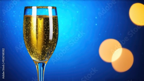 Champagne Toast Celebration - Happy New Year With Golden Glitter On Blue Abstract Background And Defocused Bokeh Lights