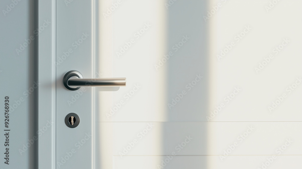 A sleek, contemporary door handle is shown on a pristine white door, with the interior of the room subtly visible, providing a sophisticated and simple backdrop with space for addi A sleek, contemporary door handle is shown on a pristine white door, with the interior of the room subtly visible, providing a sophisticated and simple backdrop with space for addi
