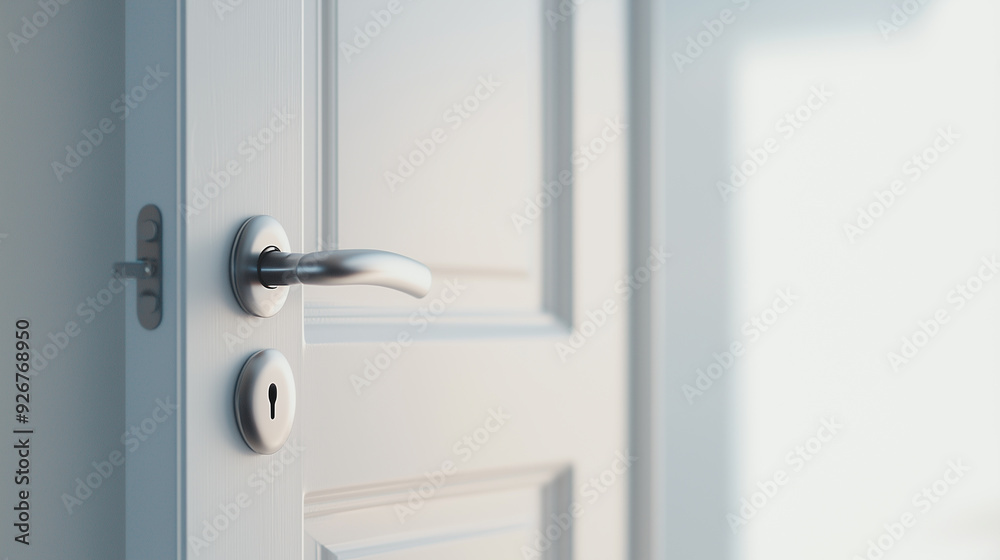 A sleek, contemporary door handle is shown on a pristine white door, with the interior of the room subtly visible, providing a sophisticated and simple backdrop with space for addi A sleek, contemporary door handle is shown on a pristine white door, with the interior of the room subtly visible, providing a sophisticated and simple backdrop with space for addi