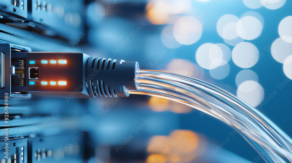 close-up of network cables plugged into a main switch in an office, showcasing digital data flowing through the connections with active lights on one side, symbolizing the dynamic close-up of network cables plugged into a main switch in an office, showcasing digital data flowing through the connections with active lights on one side, symbolizing the dynamic