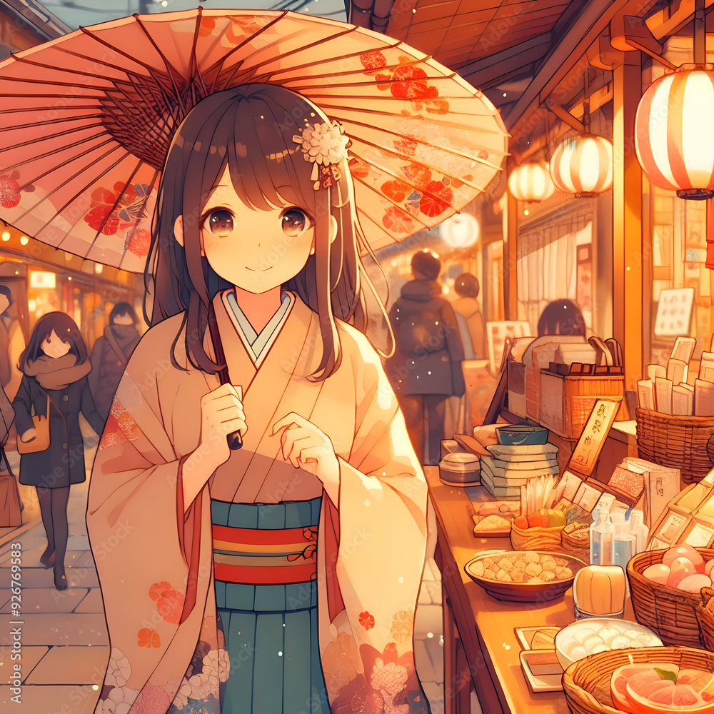 Fototapeta premium Young woman wearing a Japanese ukiyo-e style kimono,