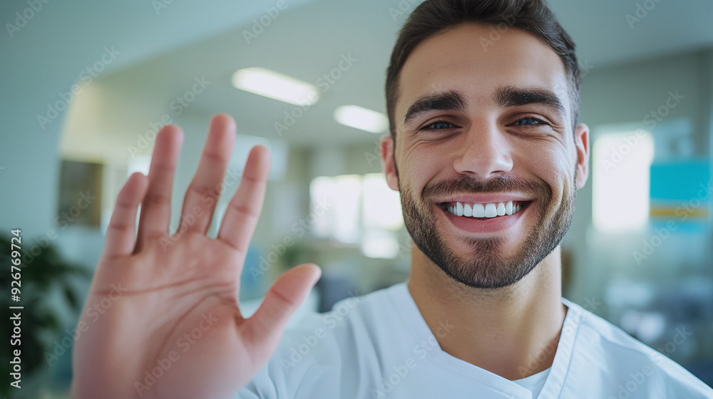 a smiling male nutritionist with a welcoming gesture, at his office