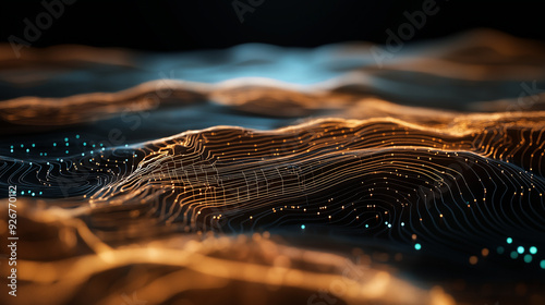 A futuristic 3D map terrain, showing detailed topographic features with elevation lines and GIS spatial data overlays photo