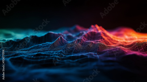 A dynamic 3D terrain map displaying detailed GIS data with vibrant elevation gradients, showing the depth and height of various landforms photo