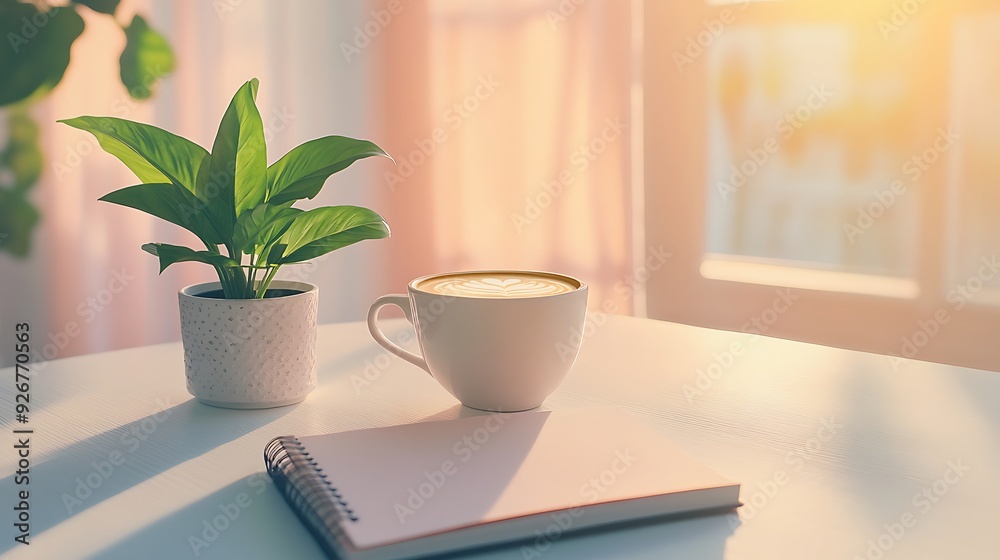 A cup of coffee with latte art, a notebook, and a potted plant on a white table. A cup of coffee with latte art, a notebook, and a potted plant on a white table.