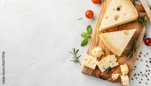 Wooden board with tasty cheese on white table background