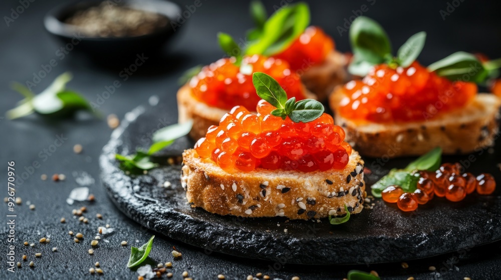 Toast sandwiches Canape with red caviar. Sandwich for lunch on dark table. Delicious food. Side view. Toast sandwiches Canape with red caviar. Sandwich for lunch on dark table. Delicious food. Side view.
