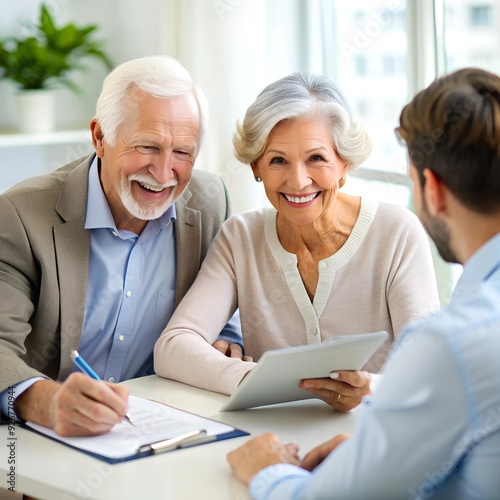 Happy senior couple about to sign a contract during a meeting with their insurance agent.