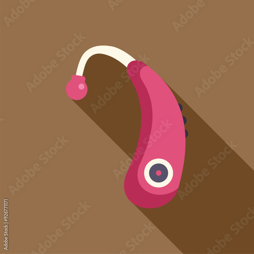 Pink hearing aid improving hearing loss problem icon in flat style on a brown background